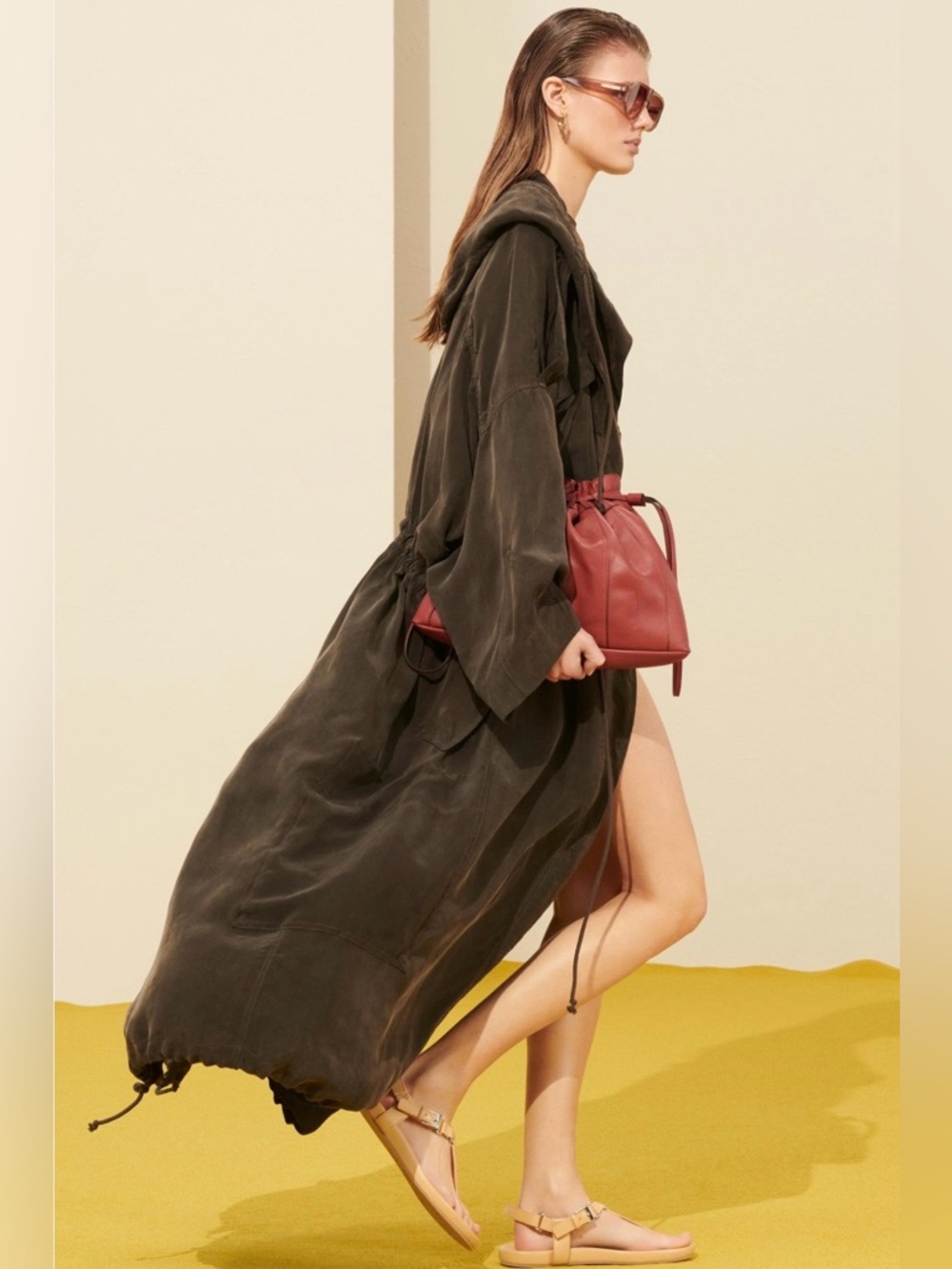 Zara SRPLS Long Hooded Anorak Coat in Dark Olive